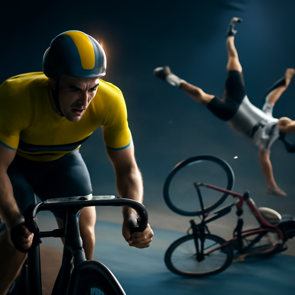 AI-generated editorial illustration for: Riders sent flying in spectacular crash as Aussie avoids carnage to medal