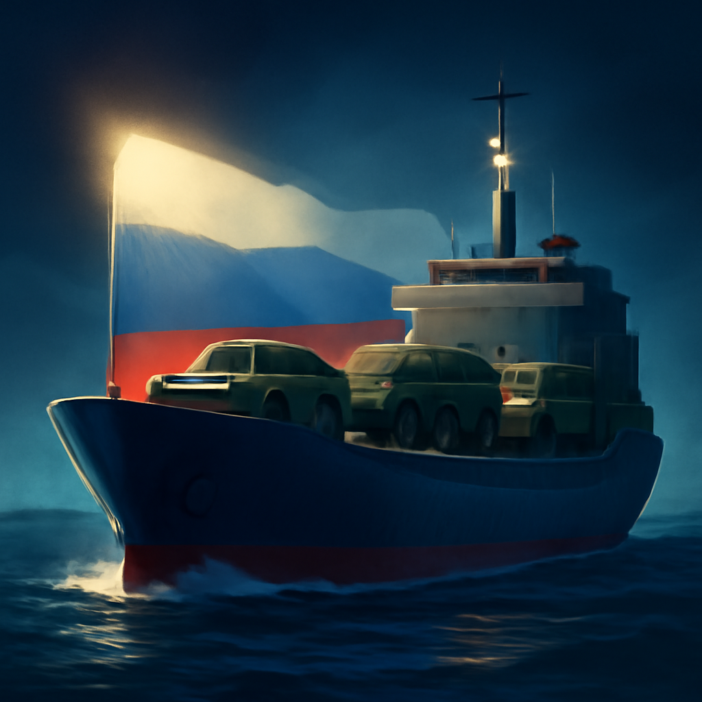 AI-generated editorial illustration for: Russian ship defies sanctions to send military vehicles to Mali