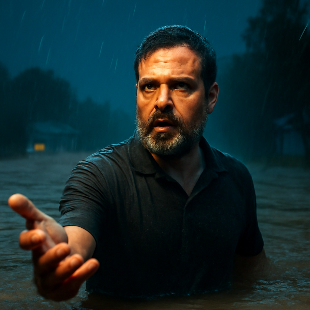 AI-generated editorial illustration for: Kerala Flood: केरल में मूसलाधार बारिश का कहर, आठ की मौत और हजारों बेघर; राहुल गांधी सरकार-जनता से क्या बोले?