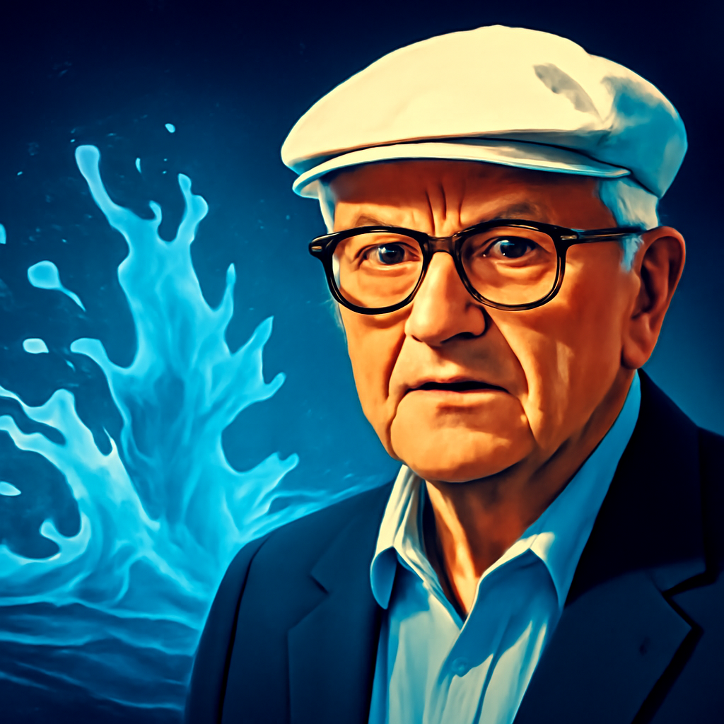 AI-generated editorial illustration for: Who will make the bigger splash? Two blockbuster David Hockney exhibitions opening in Australia