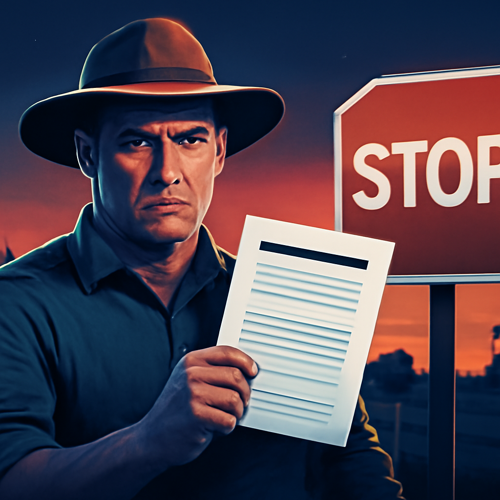 AI-generated editorial illustration for: Farmers fined for blocking VNI West transmission work