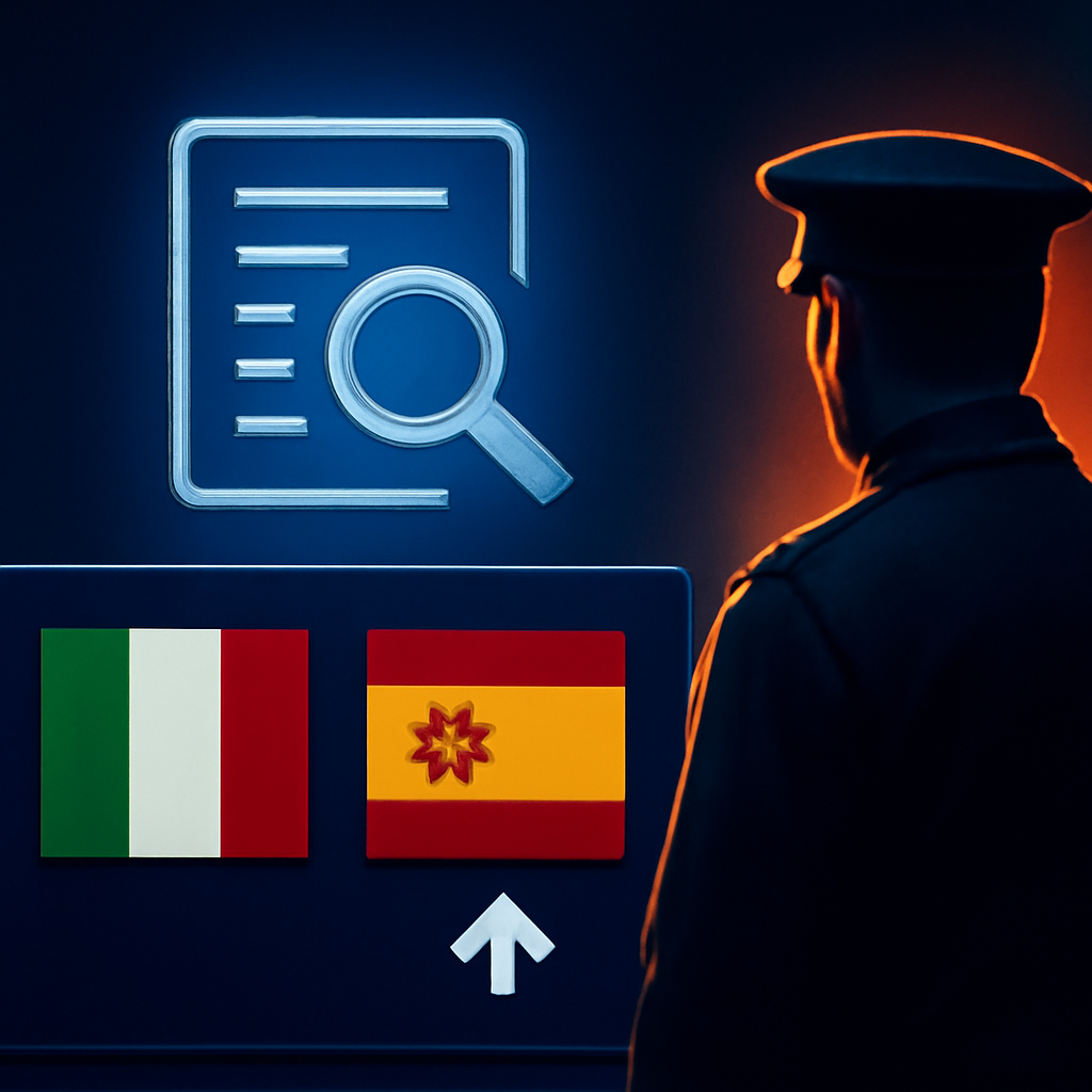 AI-generated editorial illustration for: إسبانيا تفرض إجراءات تفتيش على القادمين من إيطاليا وسط تصاعد الخلاف بشأن الهجرة