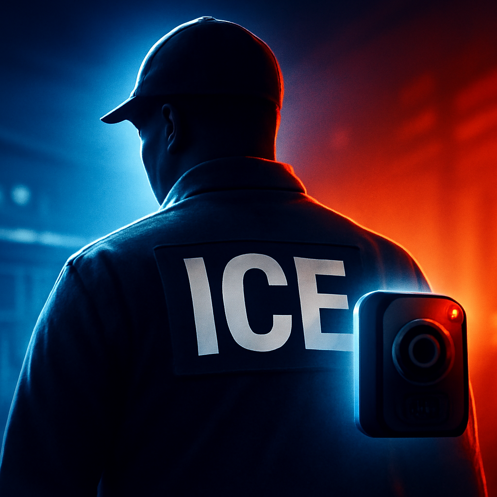 AI-generated editorial illustration for: ICE will only release body camera video when in agency's 'best interests,' policy says