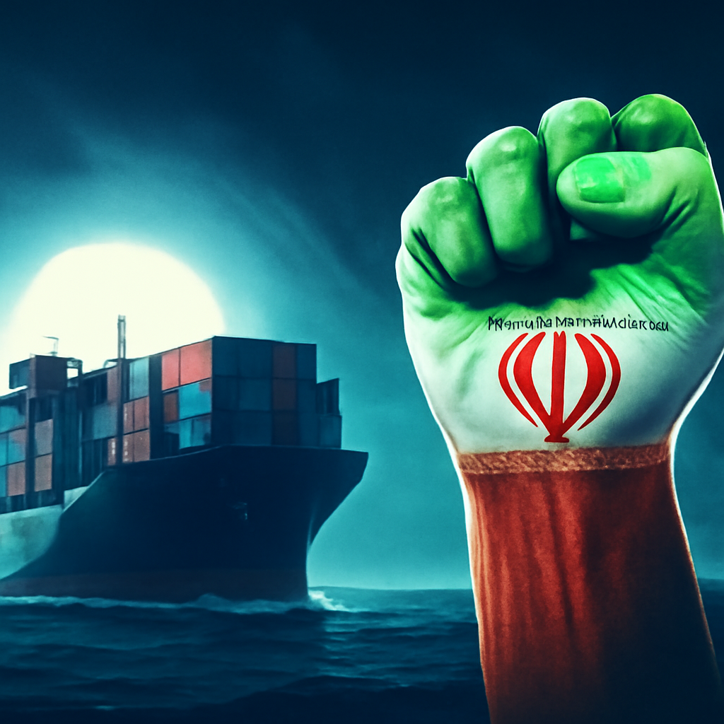 AI-generated editorial illustration for: إيران تربط إعادة فتح مضيق هرمز بقبول واشنطن شروطها ودفع تعويضات