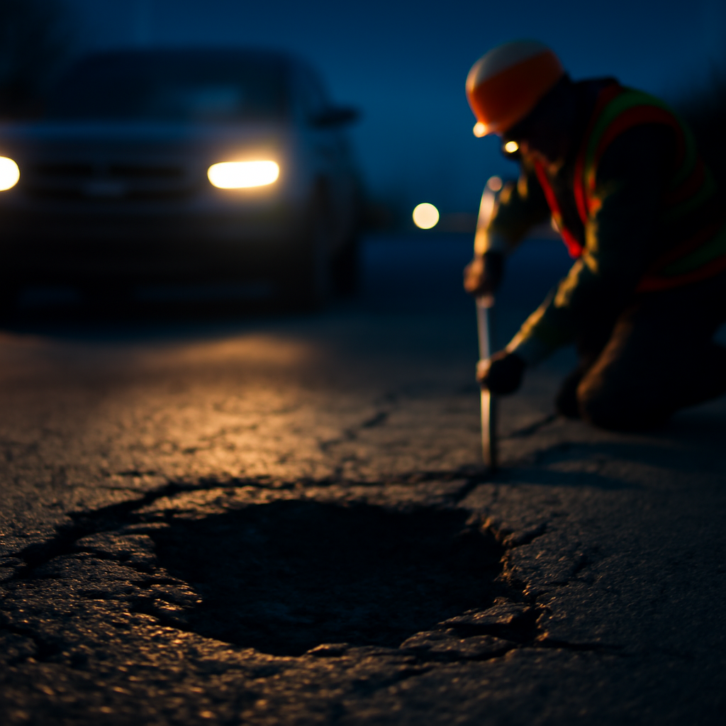 AI-generated editorial illustration for: Potholes force cars off Calder Freeway as Victorian road anger rises