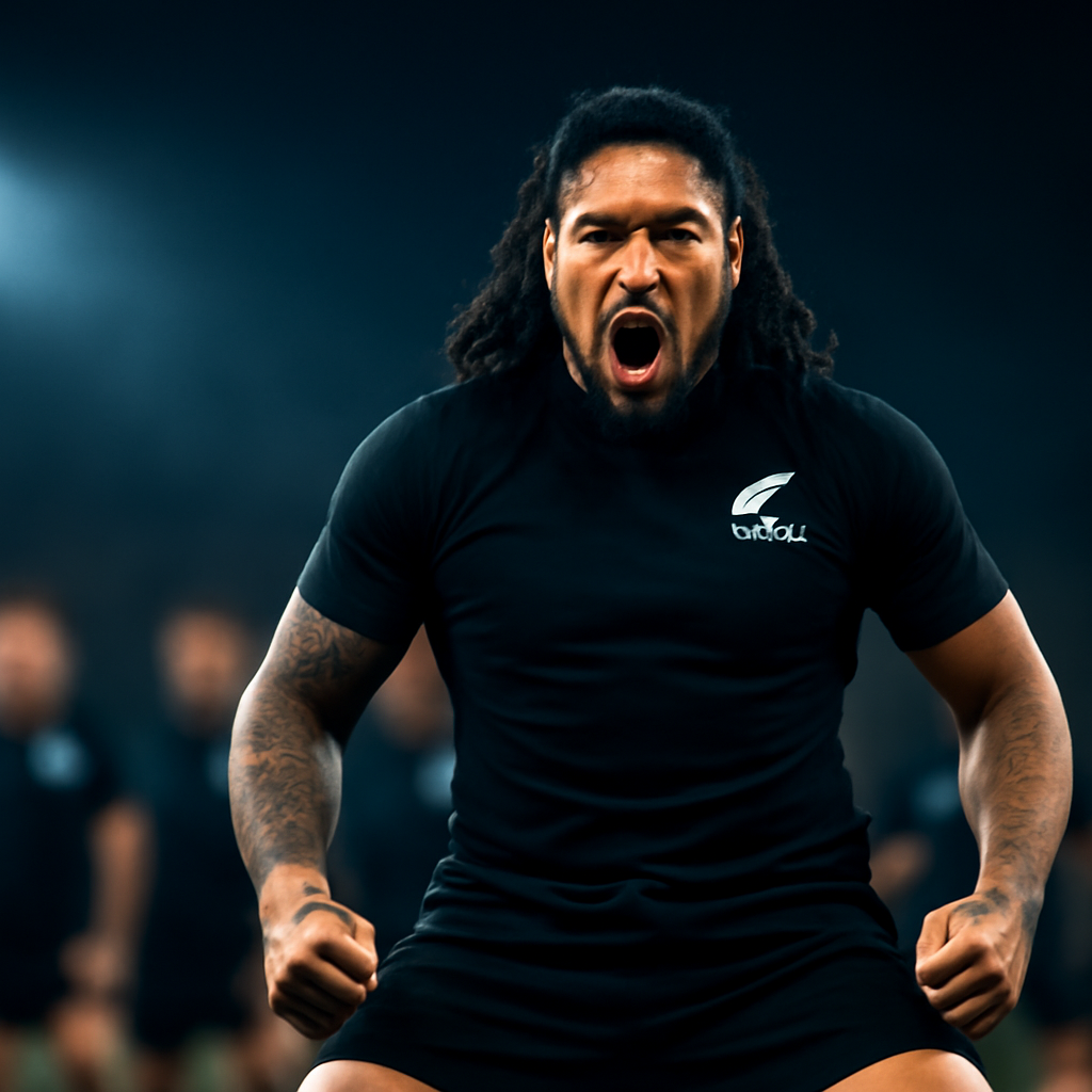 AI-generated editorial illustration for: 'Rude to say no': All Blacks icon performs solo haka against current team