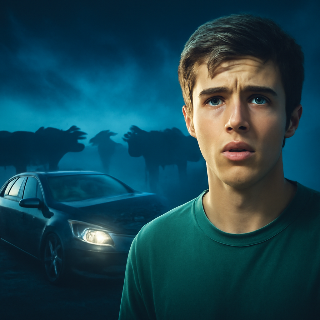AI-generated editorial illustration for: P-plater who ploughed car into herd of cattle recounts 'terrifying' ordeal