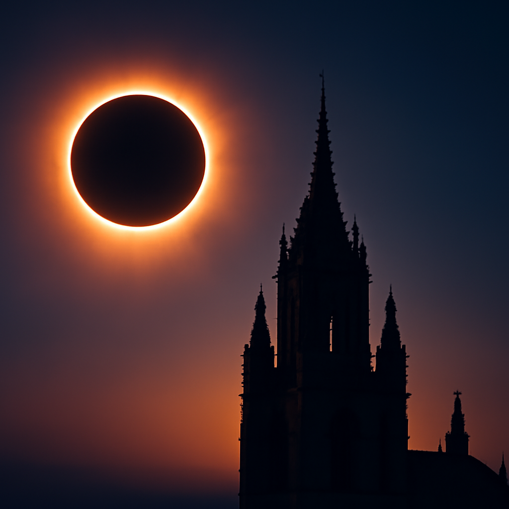 AI-generated editorial illustration for: Éclipse totale en Espagne : au sommet de la cathédrale de Ségovie, 59 secondes hors du temps (4/4)