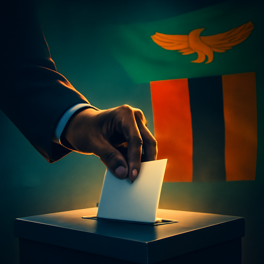 AI-generated editorial illustration for: En Zambie, des élections à valeur de test pour le bilan économique du président sortant "HH"