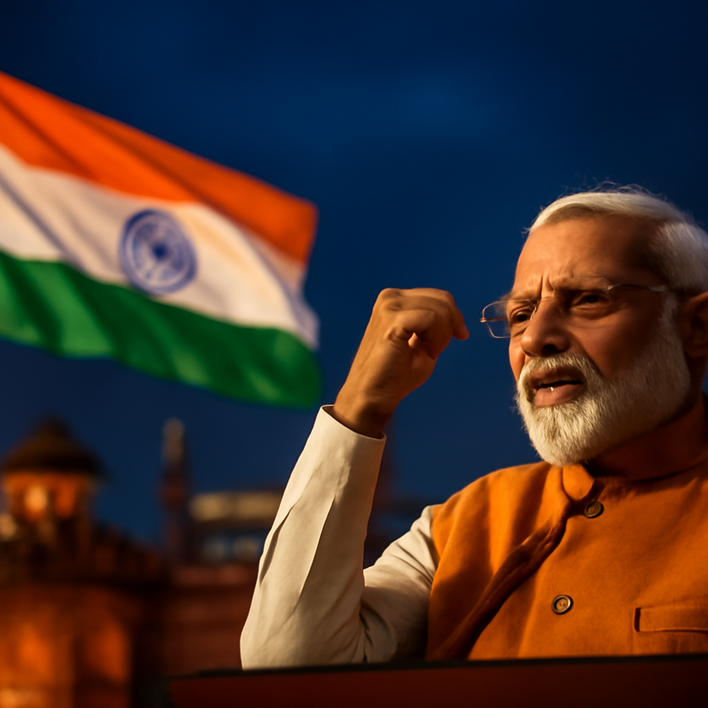 AI-generated editorial illustration for: 80वें स्वतंत्रता दिवस पर लाल किले से गूंजेगा वंदे मातरम्, लगातार 13वीं बार तिरंगा फहराएंगे PM मोदी
