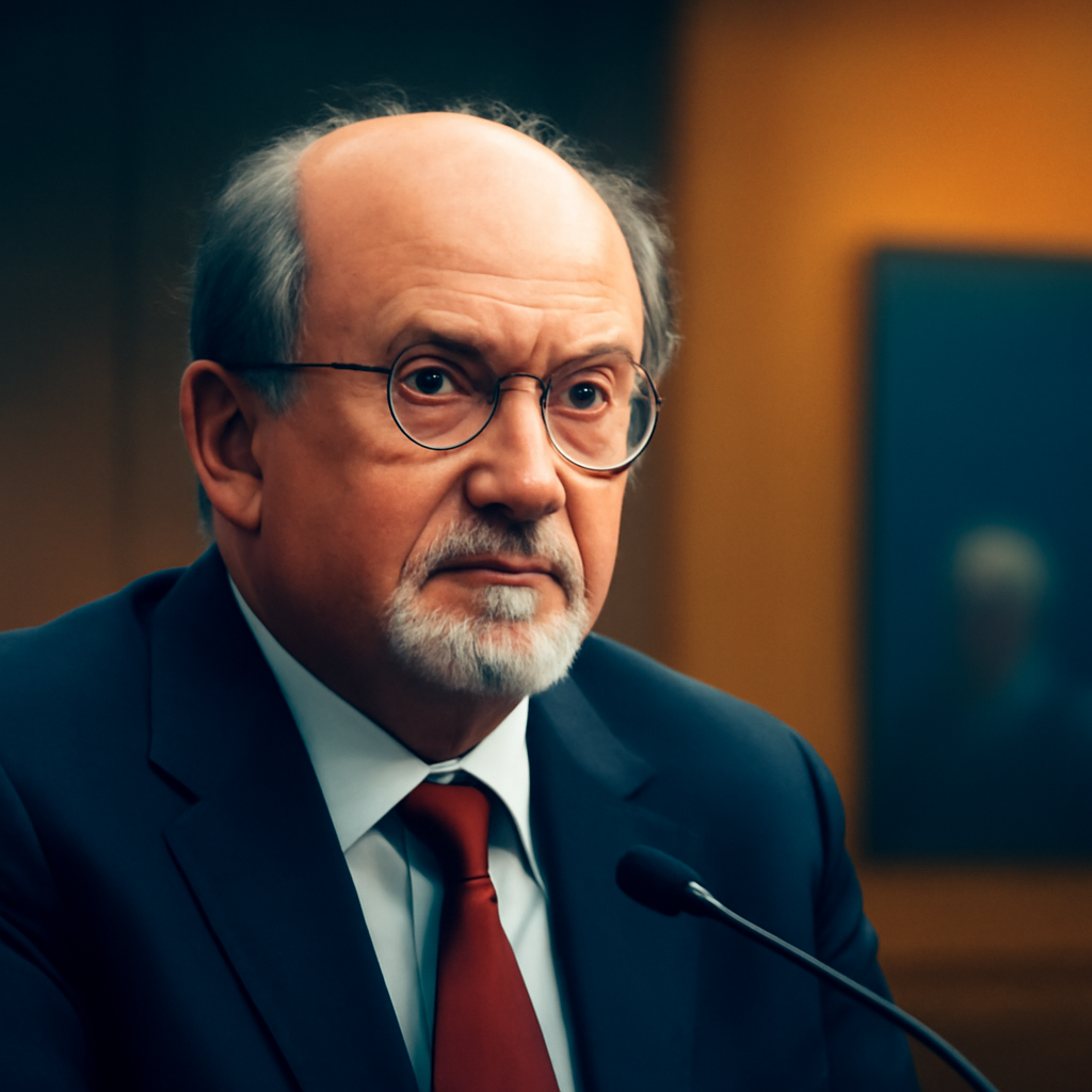 AI-generated editorial illustration for: Author Salman Rushdie testifies at terrorism trial of man convicted of stabbing him
