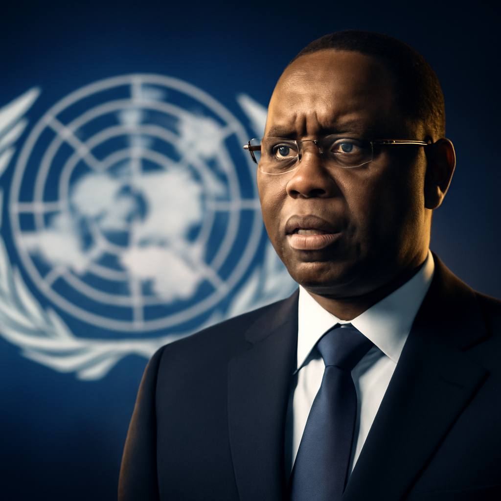 AI-generated editorial illustration for: ONU: l'ex-président sénégalais Macky Sall défend sa candidature au poste de secrétaire général