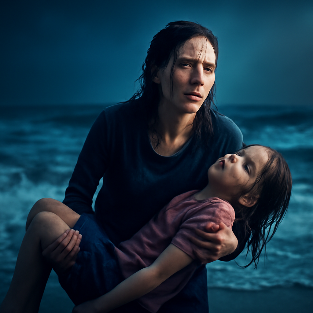 AI-generated editorial illustration for: 'I just wanted them to survive': Couple tell of attempt to save drowning girl and mum