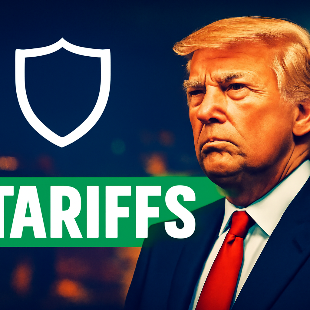 AI-generated editorial illustration for: Businesses sue Trump as he defends 'very standard tariffs'